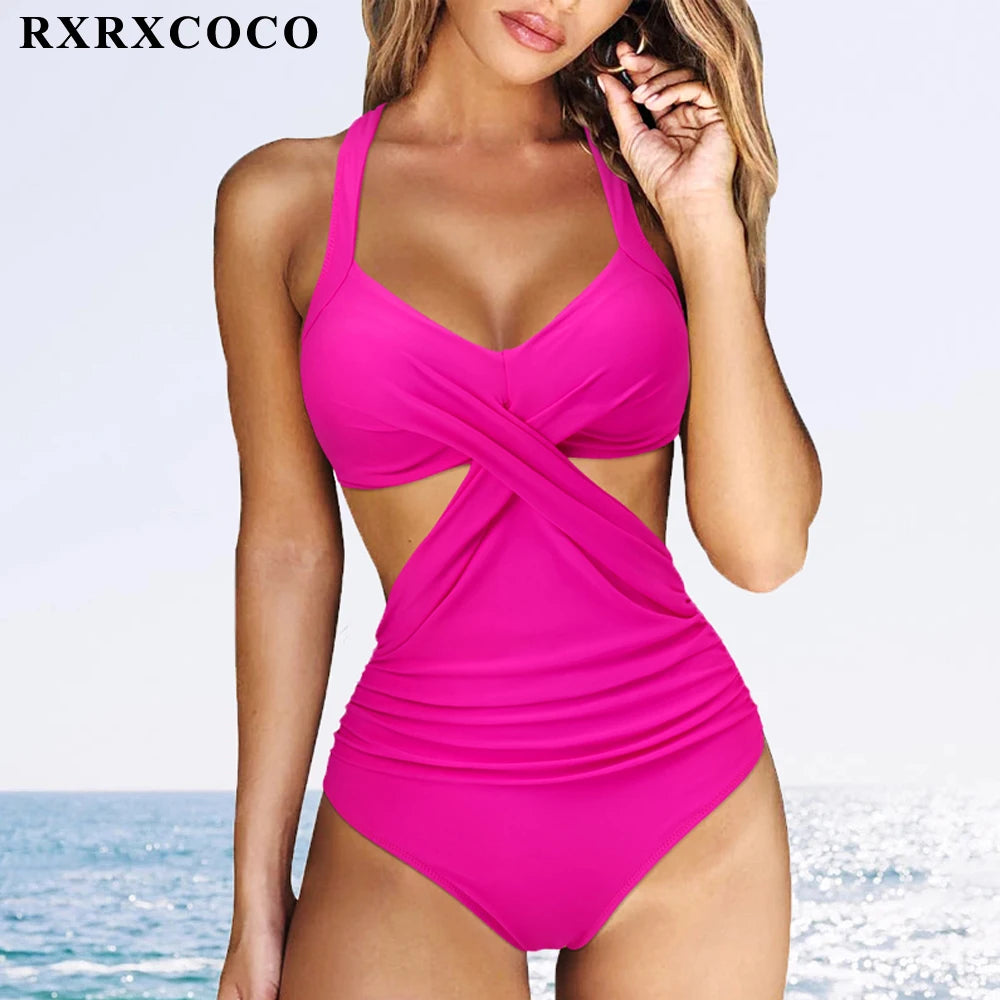 One Piece Solid Ruched High Waist Push Up  Swimwear