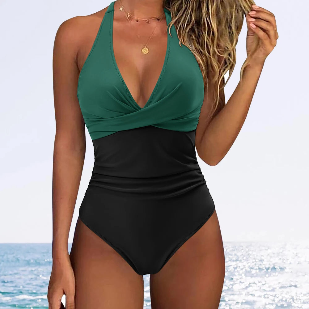 One Piece Print Backless Puch Up Solid Suit Beachwear