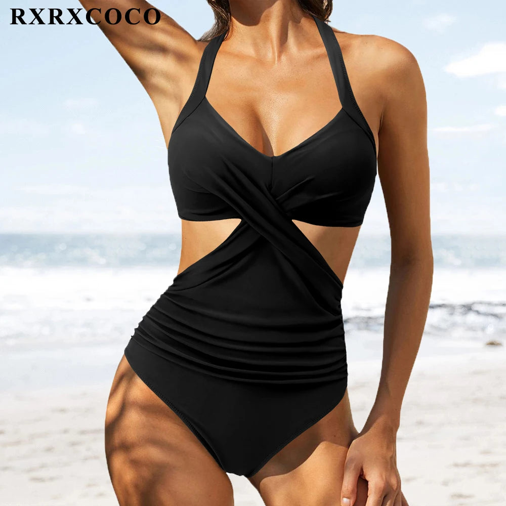 One Piece Solid Ruched High Waist Push Up  Swimwear