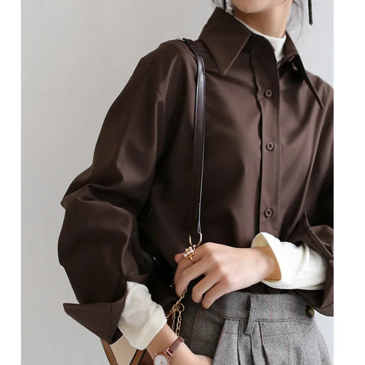Coffee-colored Blouse with Long Sleeves.